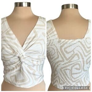 Y2K Midnight Sky Beige Abstract Print Crop Top Flutter Sleeve Sz L Smocked Back